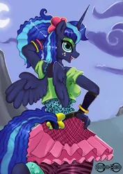 Size: 707x1000 | Tagged: 80s princess luna, alicorn, alternate hairstyle, anthro, artist:empressbridle, back when things were simple, belt, between dark and dawn, bracelet, clothes, derpibooru import, eyeshadow, female, hand on hip, jewelry, leggings, leg warmers, lidded eyes, looking at you, looking back, looking back at you, makeup, mare, miniskirt, open mouth, ponytail, pose, princess luna, safe, skirt, solo, spread wings, wings