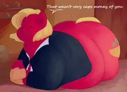Size: 2750x2000 | Tagged: safe, artist:lupin quill, derpibooru import, oc, oc:raspberry tart, pony, fallout equestria, belly, big belly, butt, cash money, chubby cheeks, clothes, dialogue, double chin, eyes closed, fat, female, large butt, mare, morbidly obese, obese, open mouth, plot, shirt, solo, suit, talking to viewer, tight clothing, unshorn fetlocks