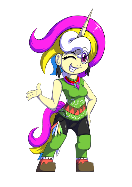 Size: 4677x6614 | Tagged: artist:calena, boots, clothes, crystal, derpibooru import, ear piercing, earring, high res, horn, human, humanized, humanized oc, jewelry, keychain, multicolored hair, oc, oc:trinity deblanc, one eye closed, piercing, safe, semi-anthro, shoes, simple background, solo, standing up, transparent background, unofficial characters only, wink