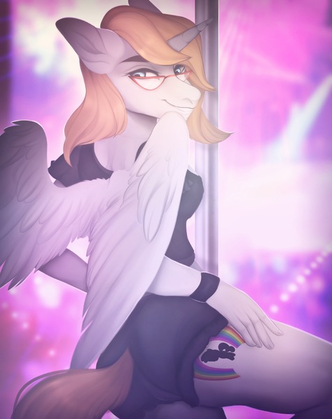 Size: 3085x3887 | Tagged: alicorn, alicorn oc, anthro, anthro oc, artist:velirenrey, breasts, cameltoe, clothes, cutie mark, derpibooru import, female, glasses, horn, lingerie, looking at you, looking back, looking back at you, mare, oc, oc:bonniecorn, questionable, rear view, smiling, solo, solo female, stripper pole, stripping, unofficial characters only, wings