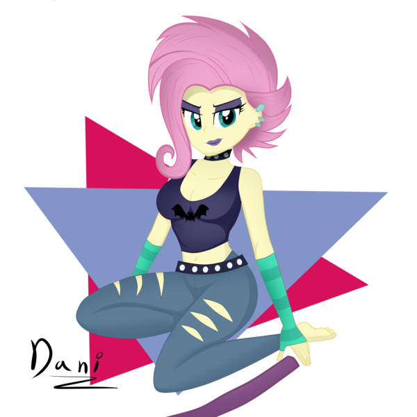 Size: 3000x3000 | Tagged: safe, artist:danielitamlp, derpibooru import, fluttershy, bat pony, equestria girls, equestria girls series, the road less scheduled, the road less scheduled: fluttershy, spoiler:eqg series (season 2), alternate hairstyle, arm bands, barefoot, belly button, belt, breasts, busty fluttershy, cleavage, clothes, collar, ear piercing, eyeliner, eyeshadow, feet, female, flutterbat, flutterpunk, jeans, lipstick, makeup, midriff, pants, piercing, purple lipstick, race swap, ripped pants, smiling, staff, tanktop