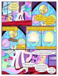 Size: 612x792 | Tagged: safe, artist:newbiespud, derpibooru import, edit, edited screencap, screencap, applejack, discord, fluttershy, pinkie pie, princess celestia, rainbow dash, rarity, twilight sparkle, alicorn, draconequus, earth pony, pegasus, pony, unicorn, comic:friendship is dragons, the return of harmony, big crown thingy, bored, comic, dialogue, element of generosity, element of honesty, element of kindness, element of laughter, element of loyalty, element of magic, elements of harmony, ethereal mane, finger snap, flying, freckles, frown, hat, hoof shoes, jewelry, looking up, male, mane six, onomatopoeia, peytral, pointy ponies, raised hoof, rearing, regalia, screencap comic, stained glass, unicorn twilight, worried
