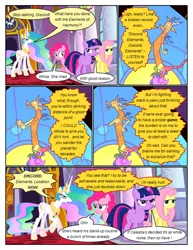 Size: 612x792 | Tagged: safe, artist:newbiespud, derpibooru import, edit, edited screencap, screencap, discord, fluttershy, pinkie pie, princess celestia, twilight sparkle, draconequus, earth pony, pegasus, pony, unicorn, comic:friendship is dragons, the return of harmony, angry, big crown thingy, comic, dialogue, element of magic, ethereal mane, eyes closed, female, frown, glare, hoof shoes, jewelry, looking up, male, mare, peytral, regalia, screencap comic, stained glass, unicorn twilight