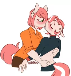 Size: 756x817 | Tagged: suggestive, artist:redxbacon, derpibooru import, oc, oc:coral, oc:orca, unofficial characters only, anthro, earth pony, anthro oc, breasts, clothes, eyes closed, female, image, imminent sex, incest, kissing, lesbian, mare, png, siblings, simple background, sisters, sloppy kissing, undressed