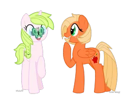 Size: 1041x787 | Tagged: safe, artist:faith-wolff, derpibooru import, oc, oc:anthea, oc:applebee, butterfly, pegasus, pony, unicorn, kilalaverse, adopted offspring, blind, duo, freckles, hoof on chin, interdimensional siblings, next generation, offspring, parent:big macintosh, parent:fluttershy, parent:oc:azalea, parent:oc:berry vine, parents:fluttermac, parents:oc x oc, raised hoof, simple background, transparent background