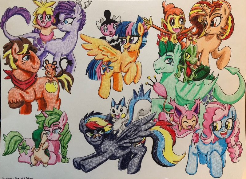 Size: 3748x2732 | Tagged: safe, artist:bozzerkazooers, derpibooru import, oc, oc:anthea, oc:cotton candy, oc:crystal clarity, oc:golden delicious, oc:prism bolt, oc:starburst, oc:sunray, oc:turquoise blitz, chimchar, cyndaquil, dedenne, dracony, dragon, earth pony, hybrid, pachirisu, pegasus, pony, skitty, smoochum, treecko, unicorn, kilalaverse, adopted offspring, crossover, gothita, interspecies offspring, next generation, offspring, parent:applejack, parent:caramel, parent:flash sentry, parent:fluttershy, parent:oc:azalea, parent:oc:berry vine, parent:pinkie pie, parent:pokey pierce, parent:rainbow dash, parent:rarity, parent:soarin', parent:spike, parent:sunset shimmer, parent:twilight sparkle, parent:unnamed oc, parents:canon x oc, parents:carajack, parents:flashlight, parents:oc x oc, parents:pokeypie, parents:soarindash, parents:sparity, pokémon, traditional art