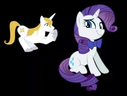 Size: 1872x1416 | Tagged: safe, artist:disneymarvel96, derpibooru import, edit, vector edit, prince blueblood, rarity, pony, unicorn, accessory theft, black background, bowtie, female, male, simple background, sitting, smug, vector