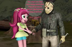 Size: 1651x1077 | Tagged: safe, artist:pika-robo, derpibooru import, gloriosa daisy, equestria girls, camp everfree, clothes, forest, friday the 13th, gloves, hockey mask, jason voorhees, mask, spear, speech bubble, text, this will end in death, this will end in tears, this will end in tears and/or death, too dumb to live, weapon