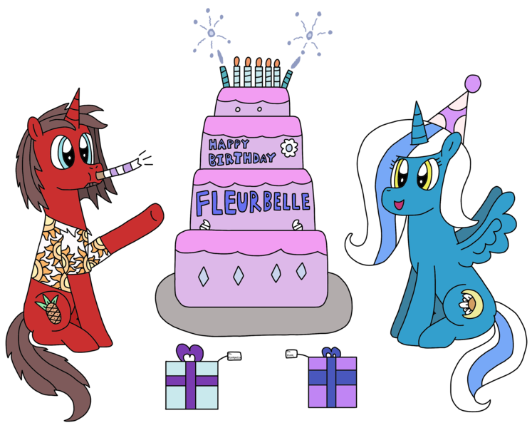 Size: 3046x2448 | Tagged: safe, artist:supahdonarudo, derpibooru import, oc, oc:fleurbelle, oc:ironyoshi, unofficial characters only, alicorn, unicorn, alicorn oc, birthday, birthday cake, cake, candle, clothes, fireworks, food, hat, horn, noisemaker, present, shirt, simple background, text, transparent background, wings