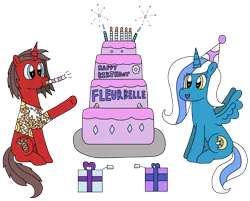 Size: 3046x2448 | Tagged: safe, artist:supahdonarudo, derpibooru import, oc, oc:fleurbelle, oc:ironyoshi, unofficial characters only, alicorn, unicorn, alicorn oc, birthday, birthday cake, cake, candle, clothes, fireworks, food, hat, horn, noisemaker, present, shirt, simple background, text, transparent background, wings