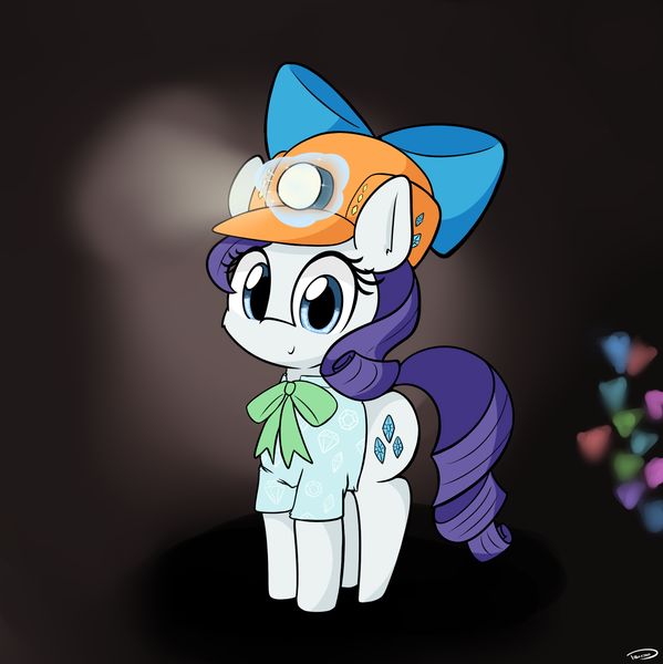 Size: 1915x1918 | Tagged: safe, artist:taurson, derpibooru import, rarity, pony, unicorn, dragon dropped, bow, bowtie, clothes, cute, digital art, female, hair bow, helmet, looking at you, mare, mining helmet, neck bow, raribetes, shirt, smiling, solo