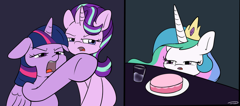 Size: 2440x1076 | Tagged: safe, artist:taurson, derpibooru import, princess celestia, starlight glimmer, twilight sparkle, twilight sparkle (alicorn), alicorn, pony, unicorn, cake, confused, digital art, female, floppy ears, food, glass of water, jewelry, lidded eyes, mare, meme, open mouth, plate, pointing, ponified meme, raised hoof, regalia, woman yelling at a cat