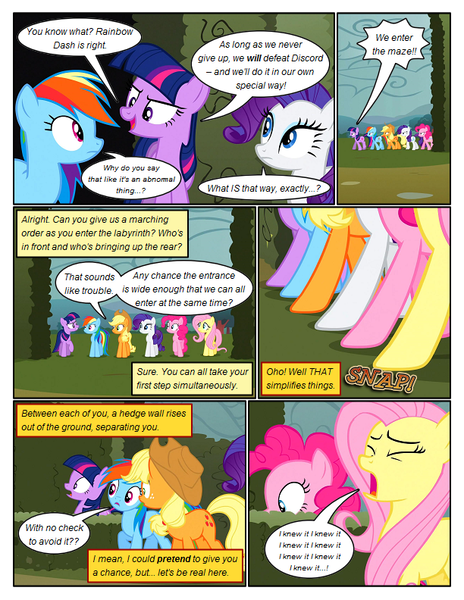 Size: 612x792 | Tagged: safe, artist:newbiespud, derpibooru import, edit, edited screencap, screencap, applejack, fluttershy, pinkie pie, rainbow dash, rarity, twilight sparkle, earth pony, pegasus, pony, unicorn, comic:friendship is dragons, the return of harmony, comic, dialogue, eyes closed, female, freckles, hat, hedge maze, implied discord, mane six, mare, onomatopoeia, open mouth, screencap comic, surprised, trap (device), wide eyes