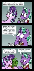 Size: 1299x2670 | Tagged: safe, artist:bobthedalek, derpibooru import, firelight, phyllis, starlight glimmer, pony, unicorn, a horse shoe-in, bait and switch, comic, daughters gonna daughter, disappointed, eyes closed, father and child, father and daughter, fathers gonna father, female, firelight is not amused, male, mare, newspaper, plant, stallion, that pony sure does want grandfoals, this will not end in grandfoals, trolling, unamused