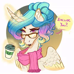 Size: 894x894 | Tagged: safe, artist:earthsong9405, deleted from derpibooru, derpibooru import, princess celestia, alicorn, pony, bust, clothes, coffee, coffee cup, cup, dialogue, glasses, hipster, levitation, magic, raised eyebrow, scarf, solo, starbucks, sunglasses, telekinesis