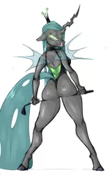 Size: 646x1024 | Tagged: suggestive, artist:longtailshort, derpibooru import, queen chrysalis, anthro, changeling, changeling queen, ass, breasts, bugbutt, busty queen chrysalis, butt, clothes, crown, dominatrix, female, jewelry, leotard, looking at you, regalia, reversalis, solo, solo female, thong leotard, tongue out