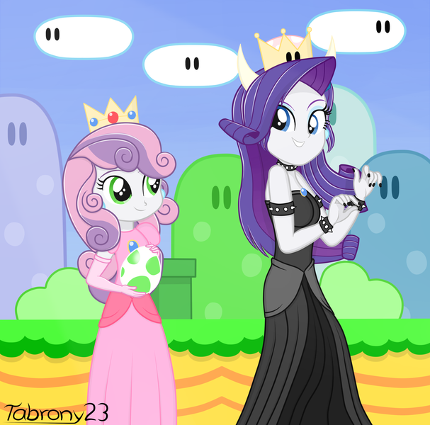 Size: 2056x2032 | Tagged: safe, artist:tabrony23, derpibooru import, rarity, sweetie belle, equestria girls, bare shoulders, bowsette, clothes, cosplay, costume, crossover, crown, cute, diasweetes, dress, duo, egg, female, jewelry, mario, princess peach, raribetes, regalia, siblings, sisters, sleeveless, smiling, strapless, super mario bros.