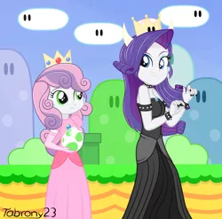 Size: 2056x2032 | Tagged: safe, artist:tabrony23, derpibooru import, rarity, sweetie belle, equestria girls, bare shoulders, bowsette, clothes, cosplay, costume, crossover, crown, cute, diasweetes, dress, duo, egg, female, jewelry, mario, princess peach, raribetes, regalia, siblings, sisters, sleeveless, smiling, strapless, super mario bros.