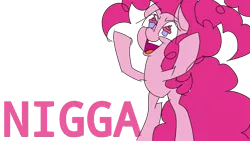 Size: 960x540 | Tagged: safe, artist:treble clefé, derpibooru import, pinkie pie, earth pony, pony, the ending of the end, female, insanity, mare, mouthpiece, nigga, out of character, simple background, solo, vector, vulgar, white background, wingding eyes