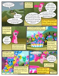 Size: 612x792 | Tagged: safe, artist:newbiespud, derpibooru import, edit, edited screencap, screencap, pinkie pie, earth pony, pony, comic:friendship is dragons, the return of harmony, balloon, comic, d:, dialogue, discorded, female, hedge maze, implied discord, mare, music notes, open mouth, pronking, screencap comic, wide eyes