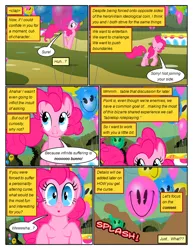 Size: 612x792 | Tagged: safe, artist:newbiespud, derpibooru import, edit, edited screencap, screencap, earth pony, pony, comic:friendship is dragons, the return of harmony, balloon, comic, dialogue, eyes closed, female, grin, hedge maze, implied discord, mare, mud, onomatopoeia, pacman eyes, pronking, screencap comic, smiling, wide eyes