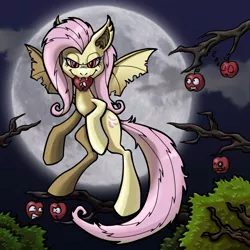 Size: 910x910 | Tagged: safe, artist:black-nocturne, derpibooru import, fluttershy, bat pony, adoracreepy, apple, bat ponified, bat wings, creepy, cute, fangs, flutterbat, food, moon, mouth hold, night, race swap, tree, wings