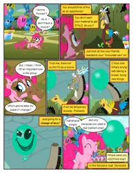 Size: 612x792 | Tagged: safe, artist:newbiespud, derpibooru import, edit, edited screencap, screencap, discord, pinkie pie, earth pony, pony, comic:friendship is dragons, the return of harmony, balloon, comic, dialogue, eyes closed, female, frown, headless, hedge maze, male, mare, mud, open mouth, pacman eyes, sad, screencap comic, smiling, smirk