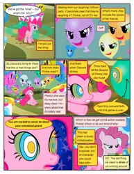 Size: 612x792 | Tagged: safe, artist:newbiespud, derpibooru import, edit, edited screencap, screencap, pinkie pie, earth pony, pony, comic:friendship is dragons, the return of harmony, balloon, comic, dialogue, discorded, female, implied discord, laughing, mare, mind control, open mouth, pacman eyes, scared, screencap comic, swirly eyes