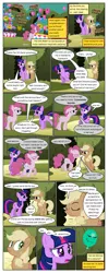 Size: 612x1553 | Tagged: safe, artist:newbiespud, derpibooru import, edit, edited screencap, screencap, applejack, pinkie pie, twilight sparkle, earth pony, pony, comic:friendship is dragons, the return of harmony, angry, balloon, comic, dialogue, discorded, earth pony twilight, eyes closed, freckles, frown, hat, implied discord, liarjack, open mouth, prancing, raised hoof, screencap comic, scrunchy face, shocked, smiling, worried