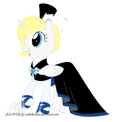 Size: 900x900 | Tagged: safe, artist:yokokinawa, derpibooru import, oc, oc:angel, alicorn, pony, alicorn oc, blue eyes, clothes, dress, gala dress, hat, horn, jewelry, simple background, top hat, transparent background, wings