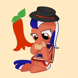 Size: 2000x1999 | Tagged: safe, artist:andromedasparkz, derpibooru import, oc, earth pony, pony, chile, clothes, copihue, eating, empanada, female, flower, food, hat, mare, poncho, simple background, sitting, solo