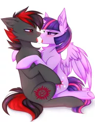 Size: 2940x3772 | Tagged: suggestive, artist:pesty_skillengton, derpibooru import, twilight sparkle, twilight sparkle (alicorn), oc, oc:varan, alicorn, earth pony, pony, canon x oc, chest fluff, cute, drool, drool string, female, kissing, love, male, mare, shipping, simple background, stallion, straight, white background