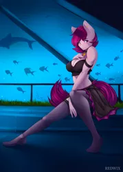 Size: 2500x3500 | Tagged: suggestive, artist:redwix, derpibooru import, oc, oc:burgundy chalice, unofficial characters only, anthro, earth pony, fish, plantigrade anthro, shark, anthro oc, aquarium, beautiful, breasts, choker, cleavage, clothes, ear piercing, female, high res, looking at you, mare, nail polish, piercing, signature, skirt, socks, solo, solo female, stockings, thigh highs, water