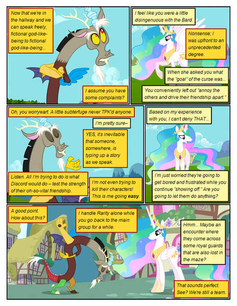 Size: 612x792 | Tagged: safe, artist:newbiespud, derpibooru import, edit, edited screencap, screencap, discord, princess celestia, alicorn, draconequus, pony, comic:friendship is dragons, the return of harmony, big crown thingy, bowing, comic, dialogue, element of magic, ethereal mane, eyes closed, female, hoof shoes, jewelry, male, mare, peytral, raised hoof, regalia, screencap comic, smiling, worried