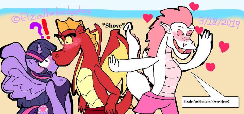 Size: 1303x613 | Tagged: accidental kiss, alicorn, anthro, artist:elzathehedgehog, derpibooru import, dragon, drake, female, fizzle, garble, implied fluttershy, male, mare, safe, shipping, straight, twigarble, twilight sparkle, twilight sparkle (alicorn)