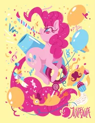 Size: 875x1125 | Tagged: safe, artist:justasuta, derpibooru import, boneless, pinkie pie, earth pony, pony, balloon, blindfold, blush sticker, blushing, candy, confetti, cupcake, cute, diapinkes, facial hair, female, food, hooves, key of laughter, lineless, lollipop, mare, moustache, no pupils, party cannon, party horn, pie, ribbon, rock candy, solo, somnambula's blindfold, streamers