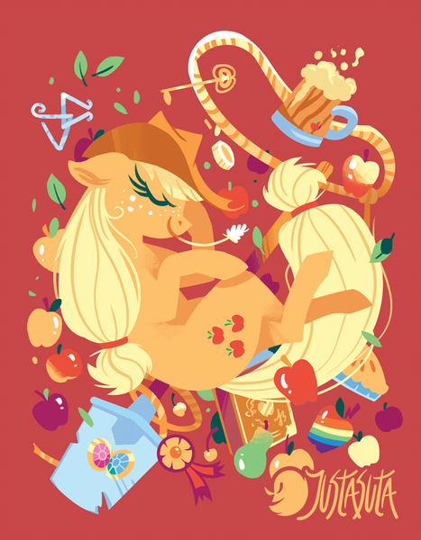 Size: 875x1125 | Tagged: safe, artist:justasuta, derpibooru import, applejack, earth pony, pony, apple, bits, book, cider, cowboy hat, eyes closed, female, floppy ears, food, hat, hooves, key, key of honesty, lasso, leaf, lineless, mare, mug, pear, pie, profile, red background, rope, shovel, simple background, solo, straw in mouth, tankard, zap apple