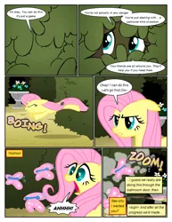 Size: 612x792 | Tagged: safe, artist:newbiespud, derpibooru import, edit, edited screencap, screencap, fluttershy, butterfly, pegasus, pony, comic:friendship is dragons, the return of harmony, comic, dialogue, dust, eyes closed, female, flower, frown, glare, hedge maze, hiding, jumping, mare, onomatopoeia, running, scared, screencap comic, sigh