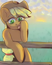 Size: 1280x1600 | Tagged: safe, artist:renka2802, derpibooru import, applejack, pony, akanbe, bipedal, cloud, cute, eyebrows visible through hair, eyelid pull, female, fence, jackabetes, mare, solo, sunset, tongue out