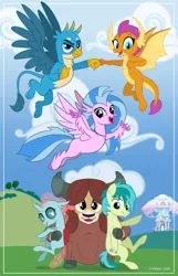 Size: 580x900 | Tagged: safe, artist:tim-kangaroo, derpibooru import, gallus, ocellus, sandbar, silverstream, smolder, yona, changedling, changeling, classical hippogriff, dragon, earth pony, gryphon, hippogriff, pony, yak, equestria daily, cute, diaocelles, diastreamies, drawfriend, field, gallabetes, hoofbump, hug, looking at you, poster, sandabetes, smiling, smolderbetes, student six, treehouse of harmony, yonadorable