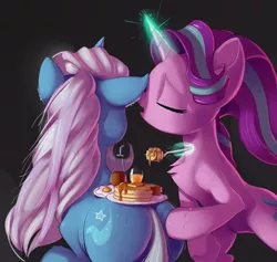 Size: 4000x3797 | Tagged: suggestive, artist:gsphere, derpibooru import, starlight glimmer, trixie, pony, unicorn, butt, butt touch, cutie mark, digital art, female, food, fork, fried egg, hoof on butt, juice, lesbian, magic, mare, orange juice, pancakes, plate, plot, rear view, rearing, shipping, startrix, syrup, the great and powerful ass