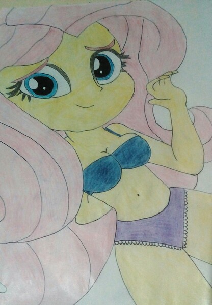 Size: 2592x3741 | Tagged: suggestive, alternate version, derpibooru import, fluttershy, equestria girls, belly button, blue underwear, bra, breasts, cleavage, clothes, drawing, frilly underwear, panties, photo, purple underwear, smiling, solo, traditional art, underwear