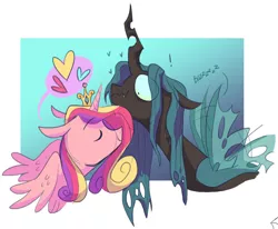 Size: 985x811 | Tagged: safe, artist:virtualkidavenue, derpibooru import, princess cadance, queen chrysalis, alicorn, changeling, changeling queen, pony, abstract background, alternate universe, buzzing wings, cadalis, crown, exclamation point, eye clipping through hair, eyes closed, female, floppy ears, heart, infidelity, jewelry, lesbian, mare, missing accessory, nuzzling, quadrupedal, regalia, shipping, smiling, speech bubble, wavy mouth, wings