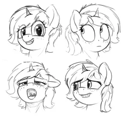 Size: 1046x993 | Tagged: safe, artist:zippysqrl, derpibooru import, oc, oc:sign, unofficial characters only, pony, unicorn, :d, bust, expressions, female, freckles, grayscale, looking at you, monochrome, open mouth, sketch, smiling, solo