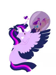 Size: 774x1033 | Tagged: safe, artist:doodletheexpoodle, derpibooru import, twilight sparkle, twilight sparkle (alicorn), oc, oc:daylight amethyst, alicorn, pony, baby, baby pony, colored wings, duo, female, heart, magic bubble, mama twilight, missing cutie mark, mother and child, mother and daughter, offspring, parent:sunburst, parent:twilight sparkle, parents:twiburst, simple background, white background, wings