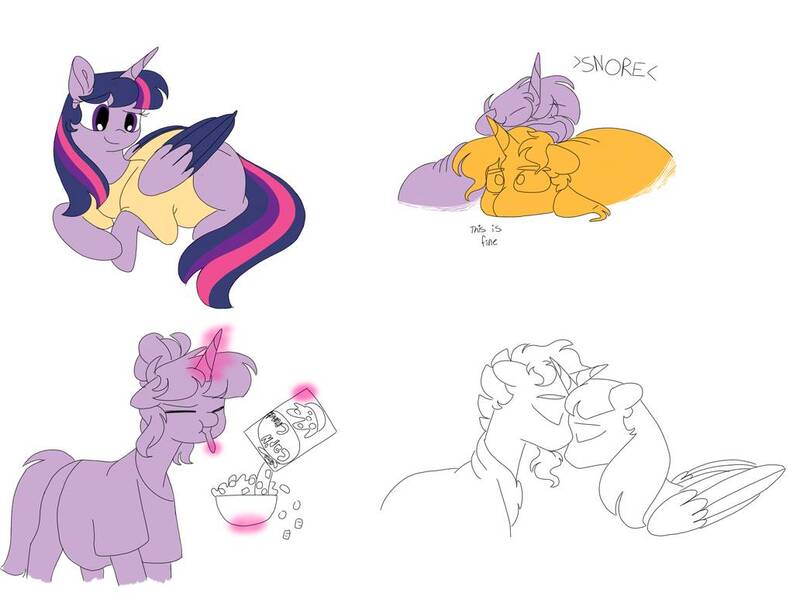 Size: 1032x774 | Tagged: safe, artist:doodletheexpoodle, derpibooru import, sunburst, twilight sparkle, twilight sparkle (alicorn), alicorn, cereal, cereal box, clothes, colored wings, colored wingtips, female, food, male, missing cutie mark, preglight sparkle, pregnancy cravings, pregnant, shipping, shirt, simple background, sleeping, snoring, straight, twiburst, white background, wings
