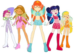 Size: 3536x2544 | Tagged: safe, artist:yaya54320, artist:yaya54320bases, derpibooru import, stella lashes, fairy, equestria girls, barely eqg related, base used, bloom, bloom (winx club), boots, clothes, convergence, crossover, dress, equestria girls style, equestria girls-ified, fairies, fairies are magic, fairy wings, fingerless gloves, flora, flora (winx club), gloves, headphones, high heel boots, high heels, magic winx, midriff, miniskirt, musa, rainbow s.r.l, shoes, side slit, skirt, stella, stella (winx club), tecna, transformation, wings, winx, winx club