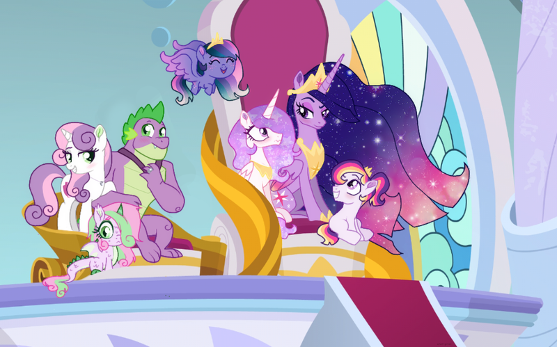 Size: 1027x640 | Tagged: safe, artist:unoriginai, derpibooru import, edit, edited screencap, screencap, princess celestia, princess twilight 2.0, spike, sweetie belle, twilight sparkle, twilight sparkle (alicorn), oc, oc:lotus lullaby, oc:prince dawn, oc:princess dusk, alicorn, dracony, dragon, earth pony, hybrid, pegasus, pony, the last problem, baby, baby pony, bedroom eyes, blushing, cute, female, gigachad spike, interspecies offspring, jewelry, lesbian, magical lesbian spawn, male, offspring, older, older spike, older twilight, parent:princess celestia, parent:spike, parent:sweetie belle, parent:twilight sparkle, parents:spikebelle, parents:twilestia, pink-mane celestia, ring, shipping, size difference, spikebelle, straight, twilestia, wavy mouth, wedding ring