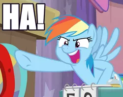 Size: 473x375 | Tagged: safe, derpibooru import, edit, edited screencap, screencap, rainbow dash, pegasus, pony, a trivial pursuit, caption, cropped, image macro, impact font, open mouth, pointing, solo, text