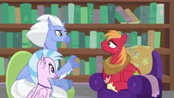 Size: 1920x1080 | Tagged: safe, derpibooru import, screencap, big macintosh, silverstream, sky beak, classical hippogriff, hippogriff, pony, a horse shoe-in, bookshelf, couch, father and child, father and daughter, female, male